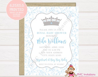 Custom PRINTED 4.25X5.5 Blue and Gray Royal Prince Baby Shower Invitation, kraft or white envelope included