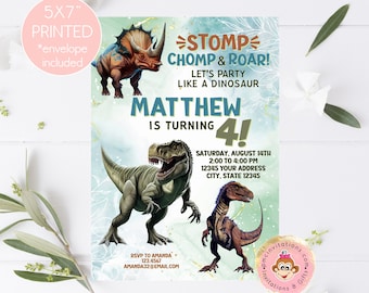 PRINTED 5X7" Dinosaur Birthday Invitation, Dino Birthday Invitation, Birthday Invitation, envelopes included