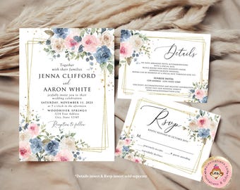 Printed 5X7 Greenery, Greenery Floral Wedding Invitation, Blush Pink, Pink and Blue Floral Wedding Invitation, Wedding Invitation