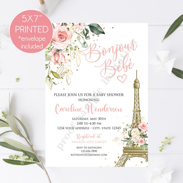 PRINTED Blush Pink Floral Paris Baby Shower Invitations, Bonjour Bebe, Pink Gold Floral Baby Shower Invitation, 5X7", envelopes included