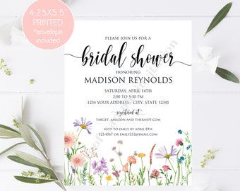 Printed 4.25X5.5"  Wild Flowers Bridal Shower Invitation, Wild Flower, Summer, Spring, Watercolor Floral, Dainty, Bridal Shower Invitation