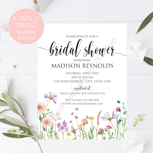 Printed 4.25X5.5"  Wild Flowers Bridal Shower Invitation, Wild Flower, Summer, Spring, Watercolor Floral, Dainty, Bridal Shower Invitation