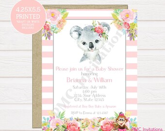 Custom PRINTED 4.25X5.5 Watercolor Pink Floral, Koala Bear, Koala Baby Shower, Koala Bear Baby Shower Invitation, envelopes included