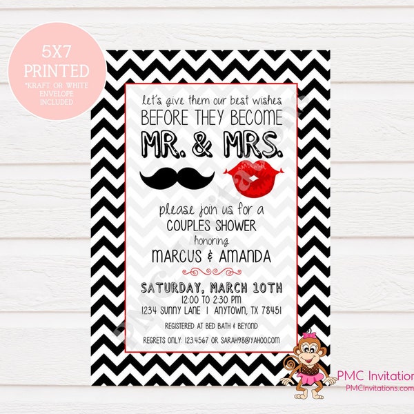 Custom Printed Mr and Mrs Shower, Lips and Mustache, Couples Shower Invitations - 1.00 each with envelope