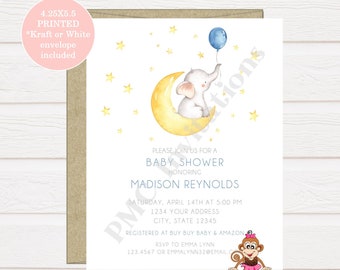 Custom PRINTED 4.25X5.5 Watercolor, Stars, Moon, Elephant, Baby Shower, Elephant Baby Shower Invitation, kraft or white envelope