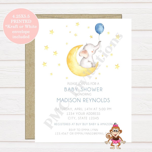 Custom PRINTED 4.25X5.5 Watercolor, Stars, Moon, Elephant, Baby Shower, Elephant Baby Shower Invitation, kraft or white envelope