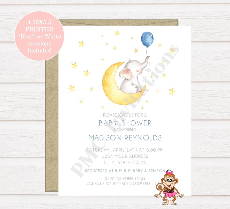 Elephant Baby Shower Invitation Moon Custom PRINTED 4.25X5.5 Watercolor Elephant Baby Shower kraft or white envelope Stars