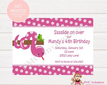 Custom Printed Girl Dotted Snake Birthday Party Invitations - 1.00 each with envelope