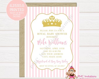 Custom PRINTED 4.25X5.5 Pink and Gold Royal Princess Baby Shower Invitation, kraft or white envelope included