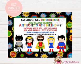 PRINTED Superhero Birthday Invitations, Superhero Birthday Invitation, Superhero Party, Superhero Boy Girl - 1.00 each with envelope