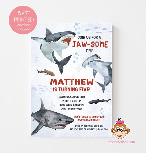 Printed, Shark Birthday Invitations, 5X7", Jaw-some Birthday, Sharks Birthday Invitations, Under the sea sharks invitation, with envelopes Il_570xn