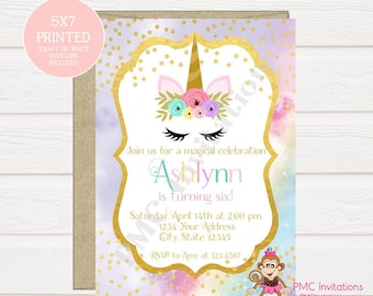 Custom PRINTED Unicorn Birthday Invitation, Unicorn Face Birthday Invitation - 1.00 each with envelope