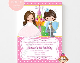 Custom PRINTED 5X7" Princess and Knight Birthday Invitations, Boy Girl Birthday, Royal Birthday, Brunette, envelopes included