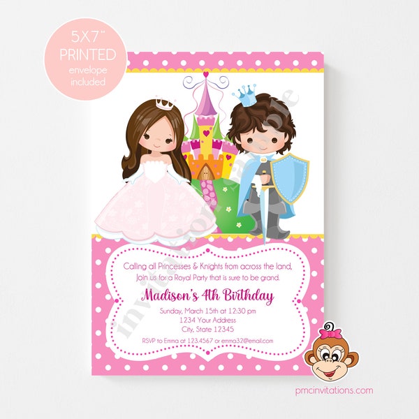 Custom PRINTED 5X7" Princess and Knight Birthday Invitations, Boy Girl Birthday, Royal Birthday, Brunette, envelopes included