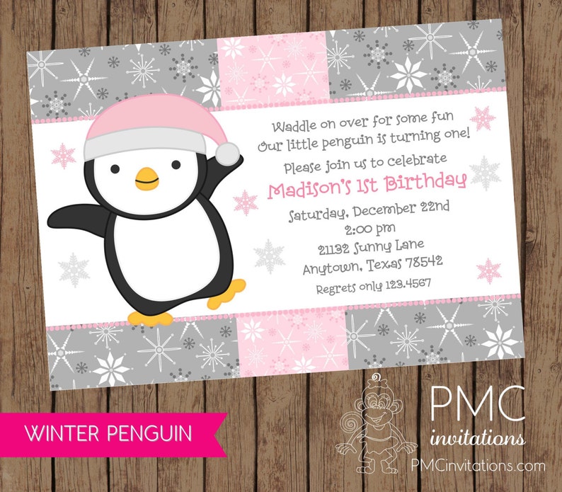 Winter Penguin Birthday Invitation .1.00 each with envelope image 1