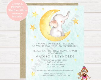 Custom PRINTED 4.25X5.5 Watercolor Twinkle Twinkle Little Star Elephant Baby Shower, Elephant Baby Shower Invitation, includes envelopes