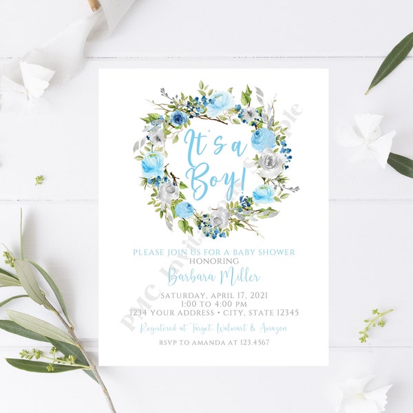 Custom PRINTED 4.25X5.5 Watercolor Floral Baby Shower, Boy, Blue Gray, Blue Grey Floral Baby Shower Invitation, envelopes included