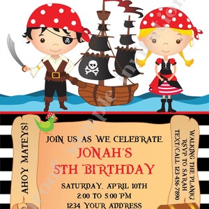 Printed Pirate Birthday Invitations, Boy Girl Pirate Birthday, Pirate Party, Ahoy Mateys, pirate ship, treasure map, with envelope image 3