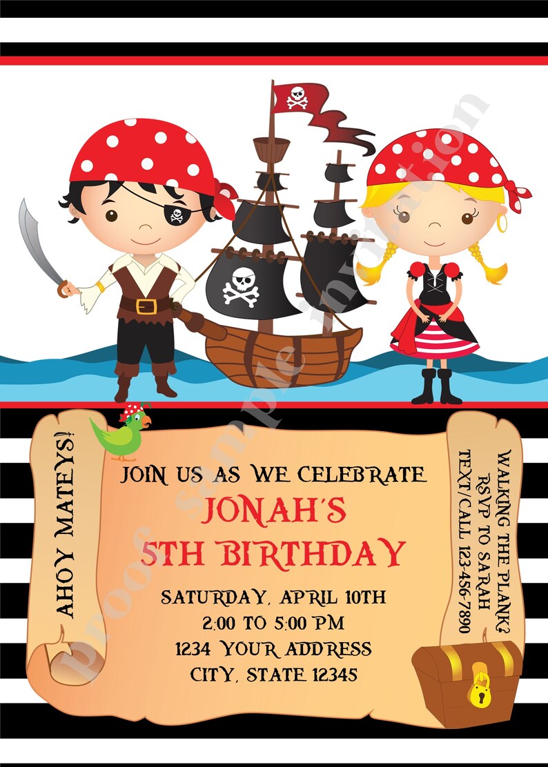 Printed Pirate Birthday Invitations, Boy Girl Pirate Birthday, Pirate Party, Ahoy Mateys, pirate ship, treasure map, with envelope image 3