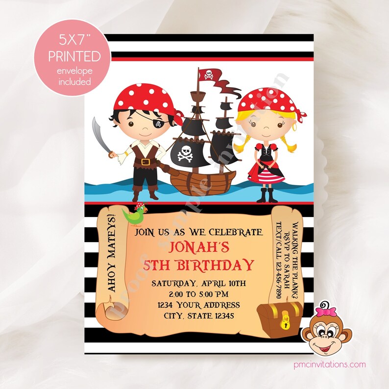 Printed Pirate Birthday Invitations, Boy Girl Pirate Birthday, Pirate Party, Ahoy Mateys, pirate ship, treasure map, with envelope image 1