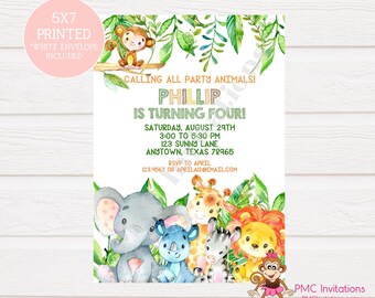 Custom Printed Jungle, Watercolor, Wild Animals, Safari Birthday Invitations - 1.00 each with envelope