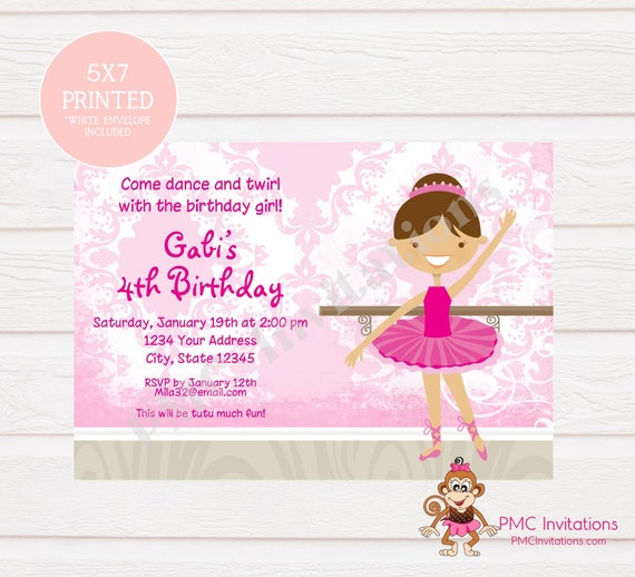Custom Printed Brunette or Blonde Ballerina Birthday Invitation- 1.00 each with envelope Il_570xn
