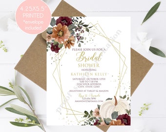 Printed 4.25X5.5"  Fall Floral Bridal Shower Invitation, Fall, Autumn, Flowers, Watercolor, Pumpkin, Bridal Shower Invitation