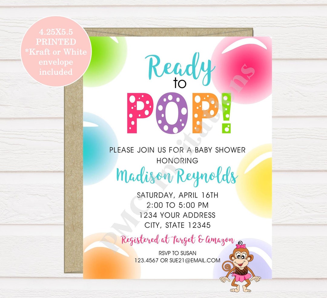 Custom PRINTED 4.25X5.5 Ready to Pop Baby Shower Invitation, Bubbles