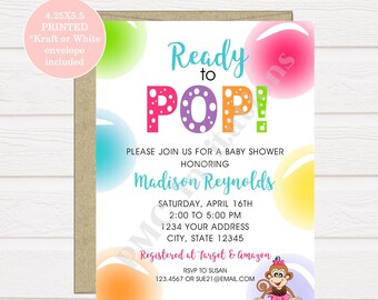 Custom PRINTED 4.25X5.5 Ready to Pop Baby Shower Invitation, Bubbles, Balloons, Ready to Pop invitations, kraft or white envelope