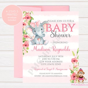 Custom Printed 4.25X5.5 Watercolor Pink Elephant Baby Shower, Floral Elephant Baby Shower, Invitations, envelopes included image 1