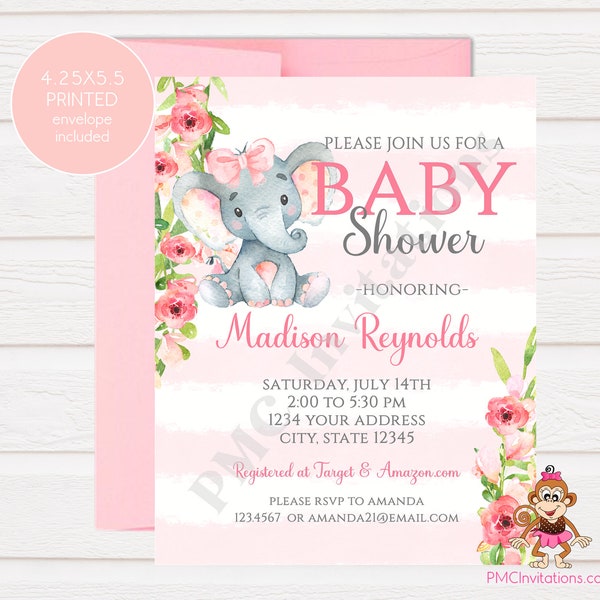 Custom Printed 4.25X5.5" Watercolor Pink Elephant Baby Shower, Floral Elephant Baby Shower, Invitations, envelopes included