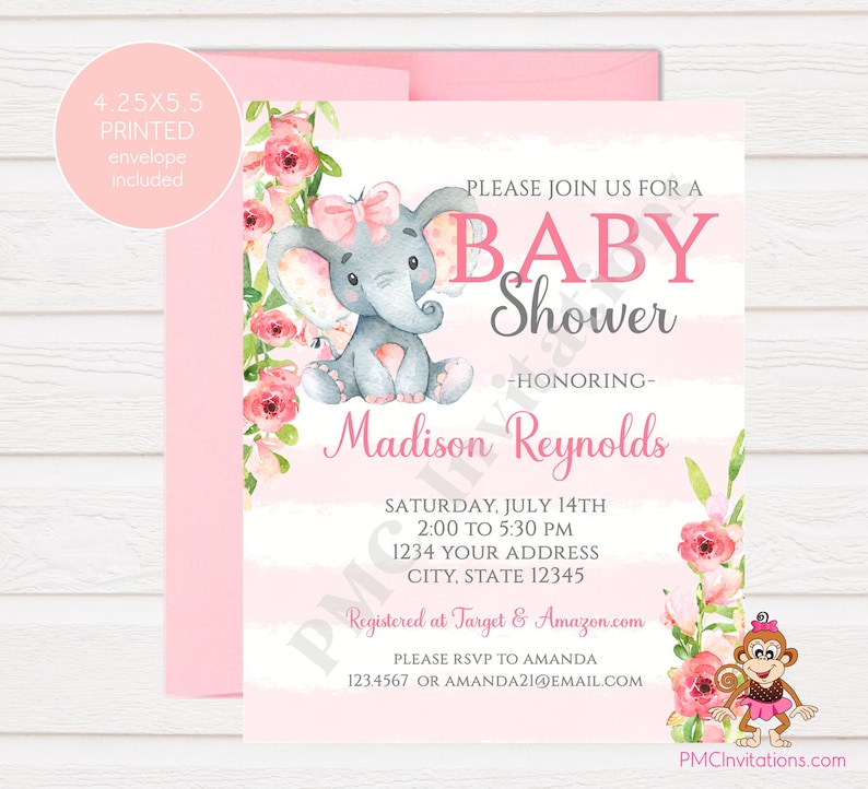 Custom Printed 4.25X5.5 Watercolor Pink Elephant Baby Shower, Floral Elephant Baby Shower, Invitations, envelopes included image 1