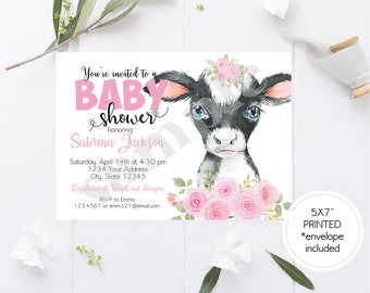Custom PRINTED 5X7" Watercolor Cow Baby Shower Invitation, Girl Cow, Pink Floral, Farm Animals Baby Shower Invitation - 1.00 each w envelope