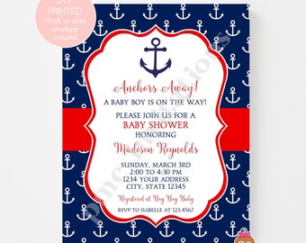 Custom PRINTED 4.25X5.5 Nautical Baby Shower Invitation, Nautical Anchor Baby Shower kraft or white envelope included