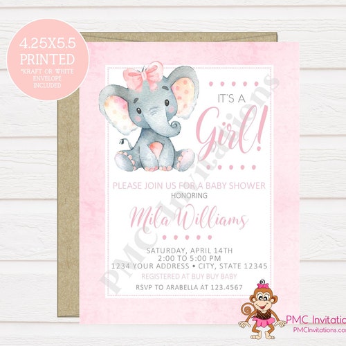 Elephant Baby Shower Invitation Pink Girl Jungle Floral Etsy