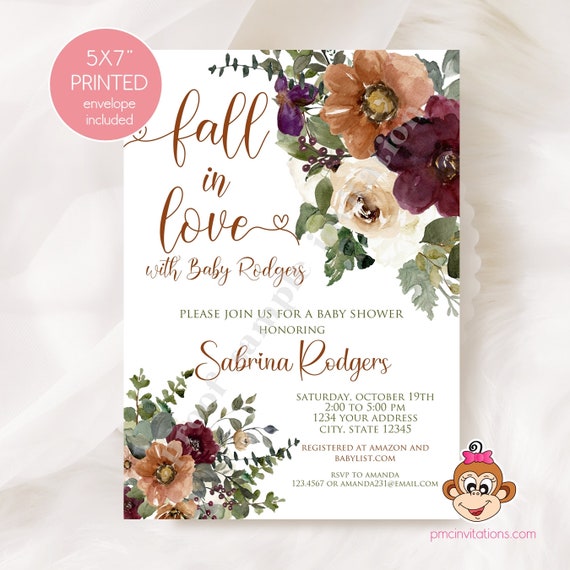 Custom Printed 5X7 Fall in Love Floral Baby Shower Invitation, Watercolor, Fall, Autumn, Floral Baby Shower, with envelopes Il_570xn