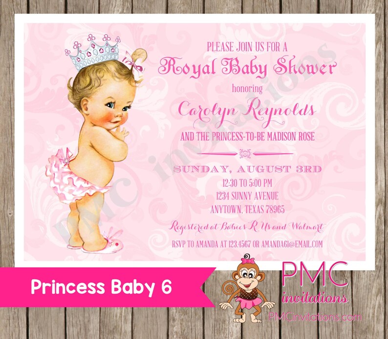 Custom Printed Shabby Chic Vintage Princess Baby Shower Invitations Any hair color 1.00 each with envelope image 1
