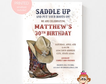 Custom PRINTED 5X7" Country Western Invitation, Rustic Western, Cowboy Hat and Boots, Adult Birthday Invitations, envelopes included