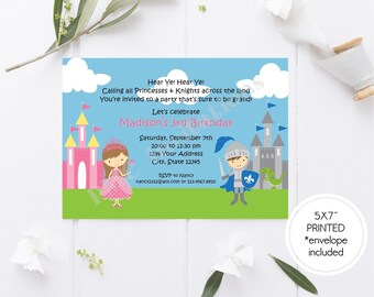 May include: A 5x7 inch printed invitation for a princess and knight themed birthday party. The invitation features a pink castle with a princess and a blue castle with a knight. The text on the invitation reads "Hear Ye! Hear Ye! Calling all Princesses & Knights across the land You're invited to a party that's sure to be grand! Let's celebrate Madison's 3rd Birthday Saturday, September 7th 10:00 to 11:30 pm 1234 Your Address City, State 12345 RSVP to Nancy nancy2312@aol.com or 123.4567.8910 5X7" PRINTED *envelope included"