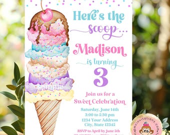 Printed/Shipped 5X7, Ice Cream Birthday Invitation, Here's the Scoop, Sweet Celebration, Ice Cream Party, envelopes included