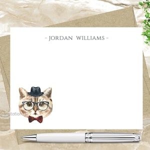 Custom Note Cards, Personalized Stationery Set, Watercolor Personalized Stationery, Cat with glasses, Cat Notecard Set, FREE SHIPPING