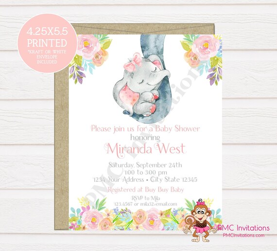 Custom PRINTED 4.25X5.5 Watercolor Pink Floral, Elephant, Baby Shower, Elephant Baby Shower Invitation, kraft or white envelope Il_570xn