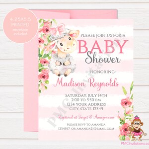 Custom Printed 4.25X5.5" Watercolor Pink Sheep Lamb Baby Shower, Floral Lamb Sheep Baby Shower, Invitations, envelopes included