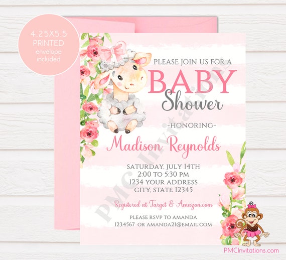 Custom Printed 4.25X5.5" Watercolor Pink Sheep Lamb Baby Shower, Floral