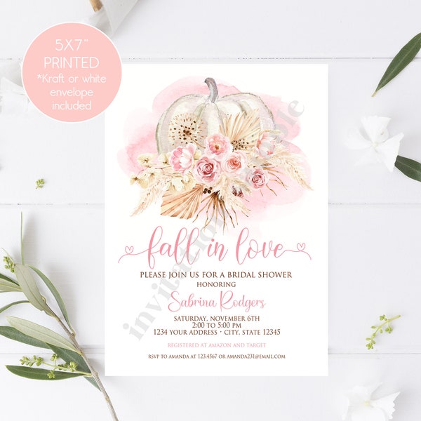 Custom Printed 5X7" Fall in Love Boho Bridal Shower Invitations, Pink Floral Boho Pampas Grass Bridal Shower Invitation, with envelope