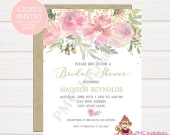 Custom PRINTED 4.25X5.5 Watercolor Blush Pink Floral, Pink Gold,  Baby Shower, Bridal Shower Invitation, envelope included