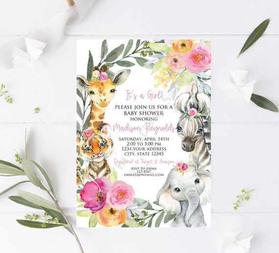 Custom Printed 5x7" Girl Safari Animal Baby Shower Invitation Greenery