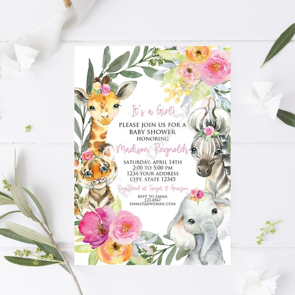 Custom Printed 5x7" Girl Safari Animal Baby Shower Invitation Greenery. Jungle baby shower Invitation. Zoo Animal Baby Shower Invitation