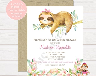 Custom PRINTED 4.25X5.5 Watercolor Sloth Baby Shower, Girl Sloth Baby Shower Invitation, envelopes included