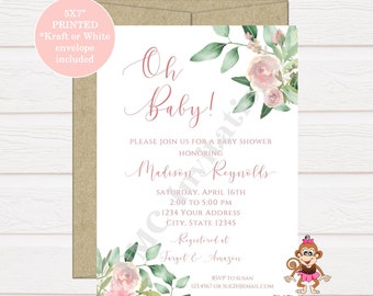 Custom Printed 5X7" Greenery Pink Floral Baby Shower Invitation, Watercolor Pink Floral Greenery Baby Shower Invitation, Envelopes included